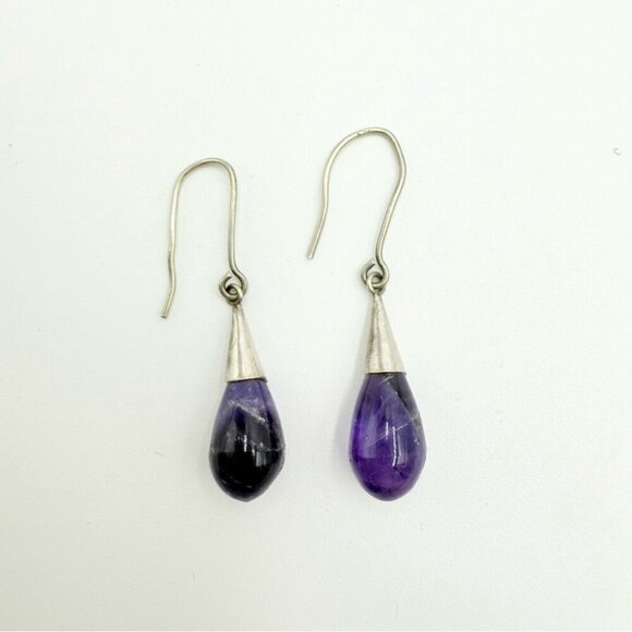 Tear Drop Shaped Amethyst Silver Tone Gemstone Long Earrings - Picture 5 of 5